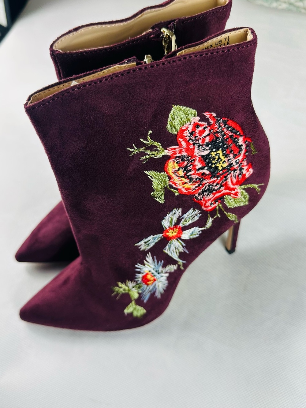 bebe Burgundy Floral Embroidered Pointed-Toe Ankle Booties - Picture 13 of 15
